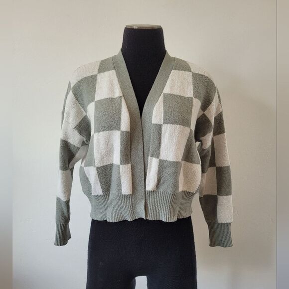 Jessica Simpson Checkered Cardigan Sage Green White Soft Cropped Oversized XS - Picture 5 of 9